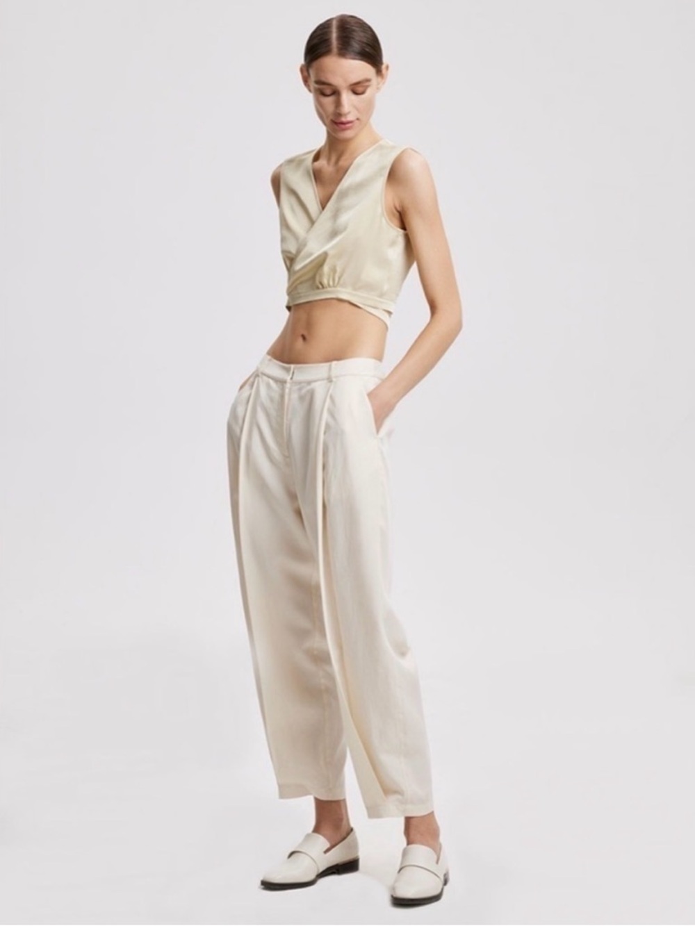 Lattelier‎ Linen Blend Tapered Trouser Pants Pleated Ivory Cream Size S